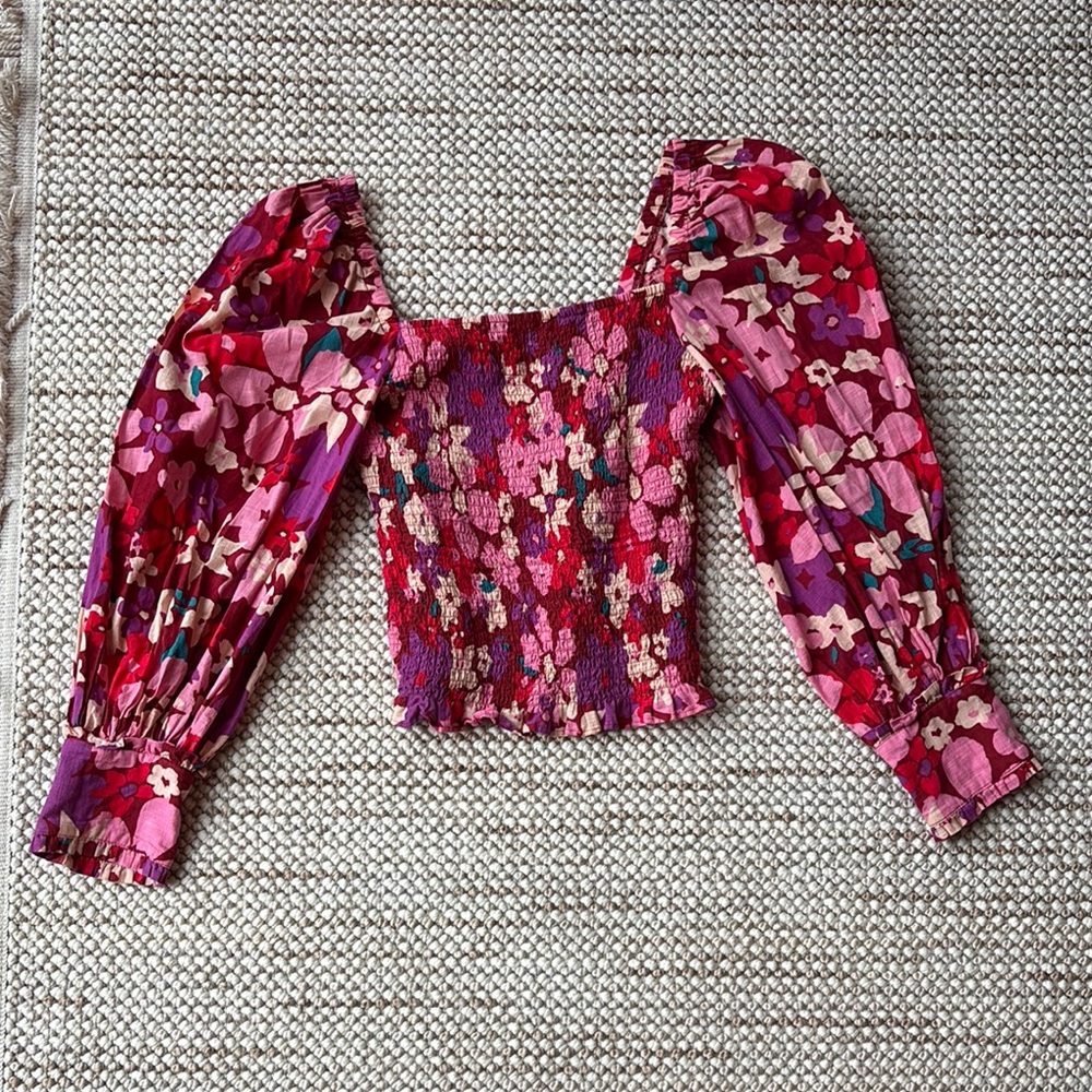 Free People Pink and Red Ruffled Puff Sleeve Blouse